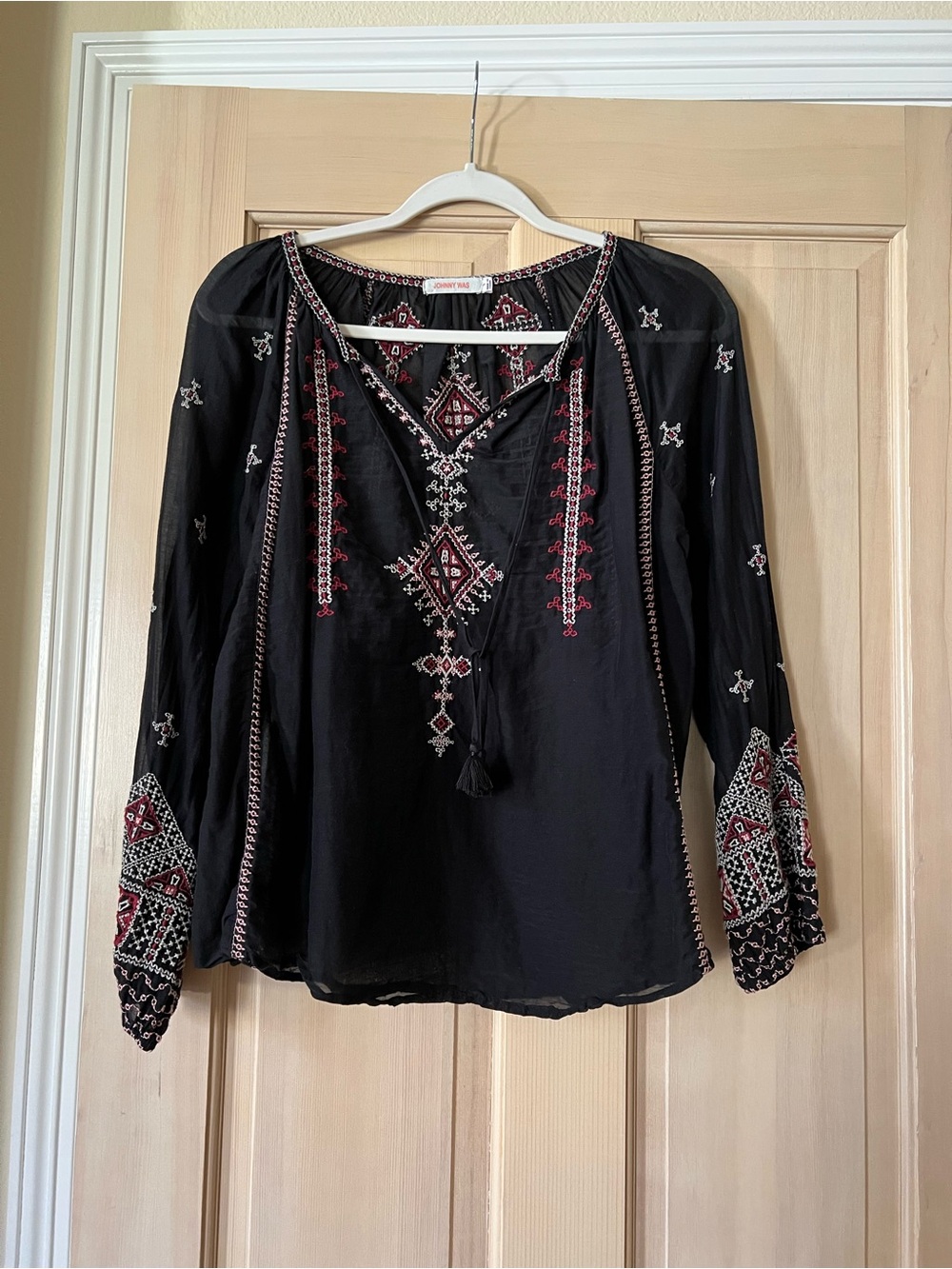 Johnny Was Black Embroidered Peasant Tunic with Red and White Accents